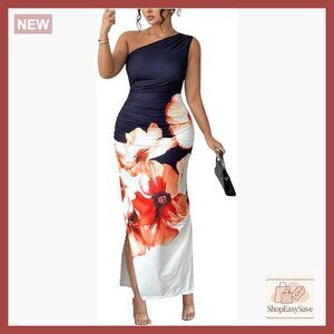 Floral One Shoulder Bodycon Maxi Dress Ruched Split Wedding Guest Elegant